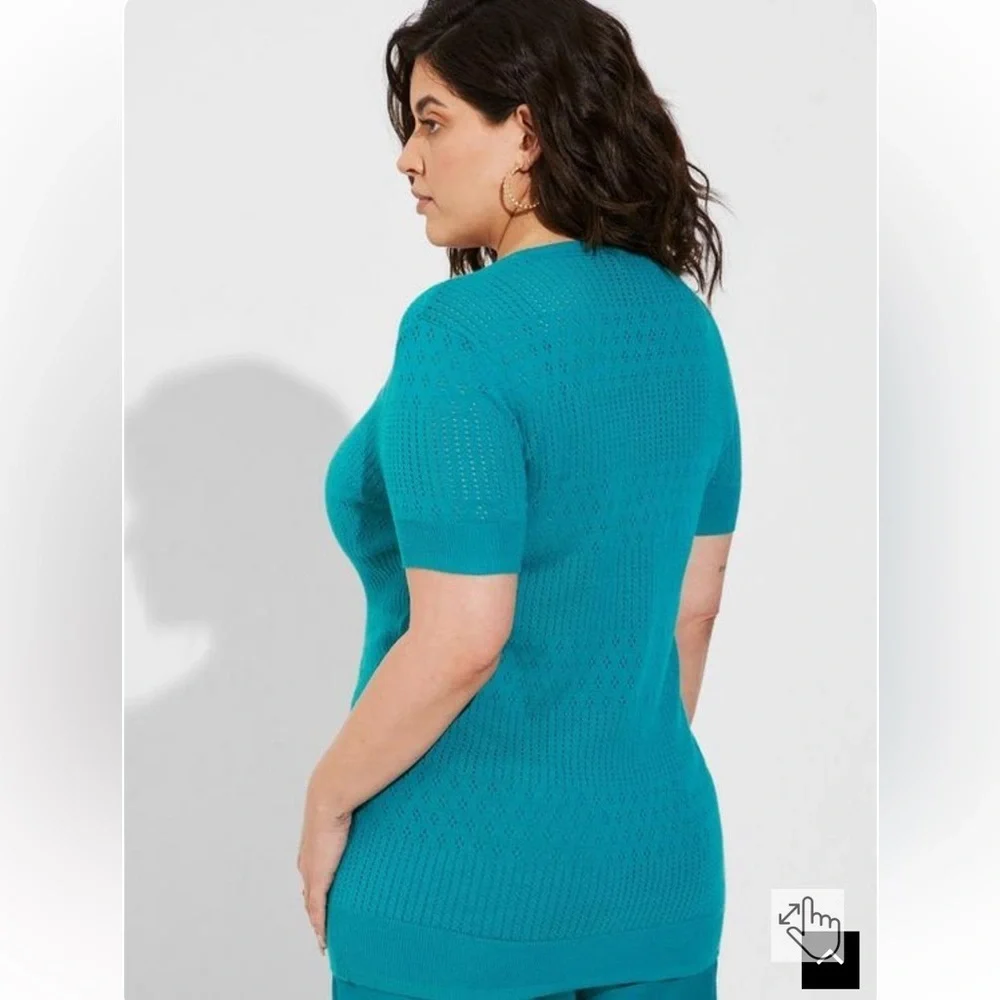 Torrid Pointelle NWT 00 M/L 10 Pullover Short‎ Sleeve Sweater Fanfare Blue Teal - Picture 5 of 10